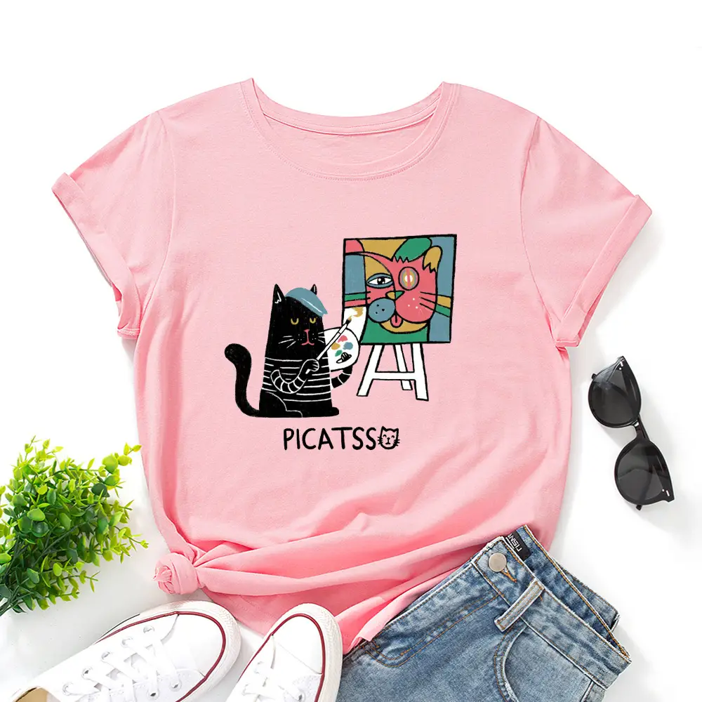 Women Loose T-Shirt Art Cat Print Gray - Image 8