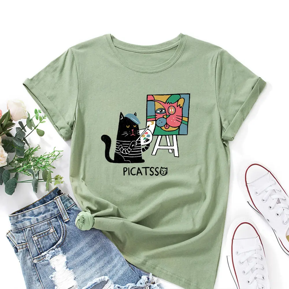 Women Loose T-Shirt Art Cat Print Gray - Image 11