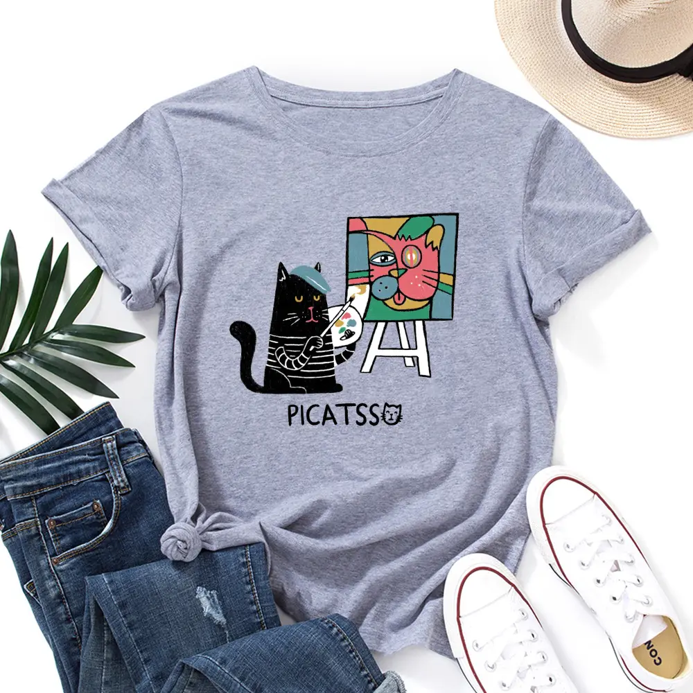 Women Loose T-Shirt Art Cat Print Gray - Image 10