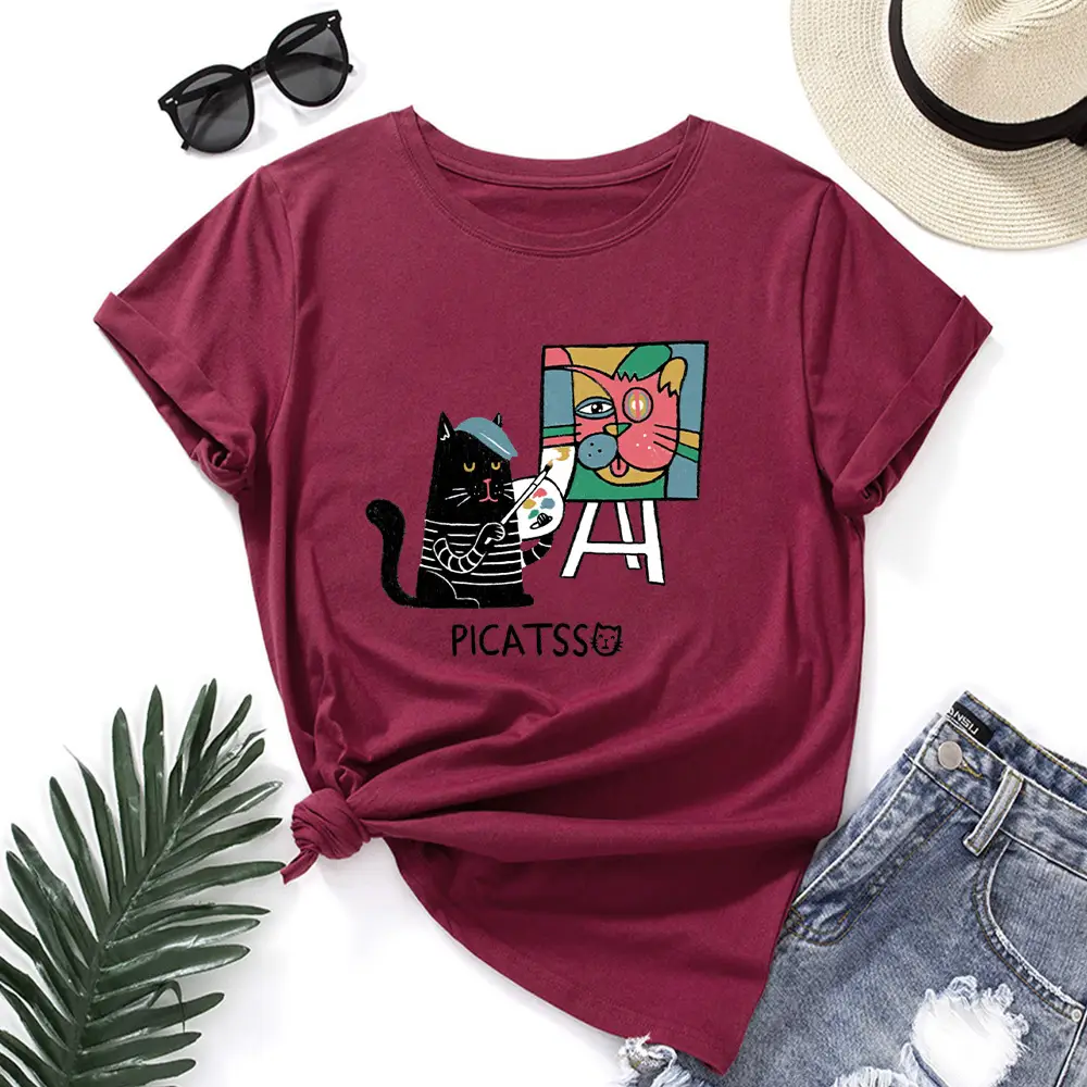 Women Loose T-Shirt Art Cat Print Gray - Image 12