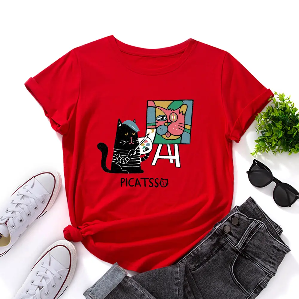 Women Loose T-Shirt Art Cat Print Gray - Image 2