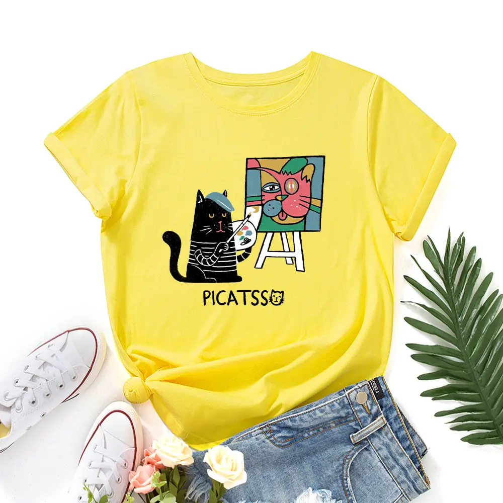 Women Loose T-Shirt Art Cat Print Gray - Image 3