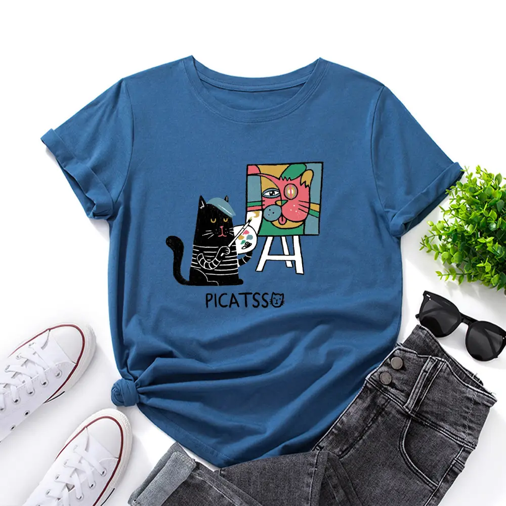 Women Loose T-Shirt Art Cat Print Gray - Image 5