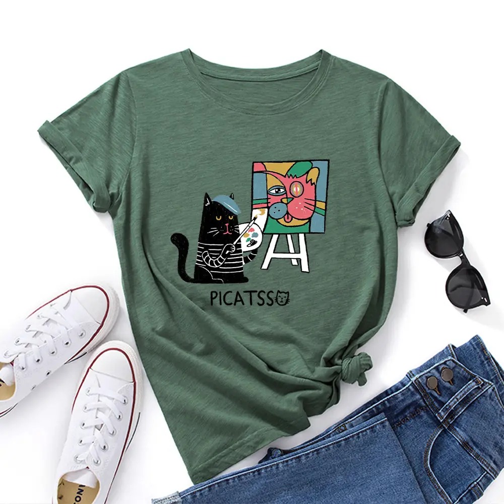 Women Loose T-Shirt Art Cat Print Gray - Image 6