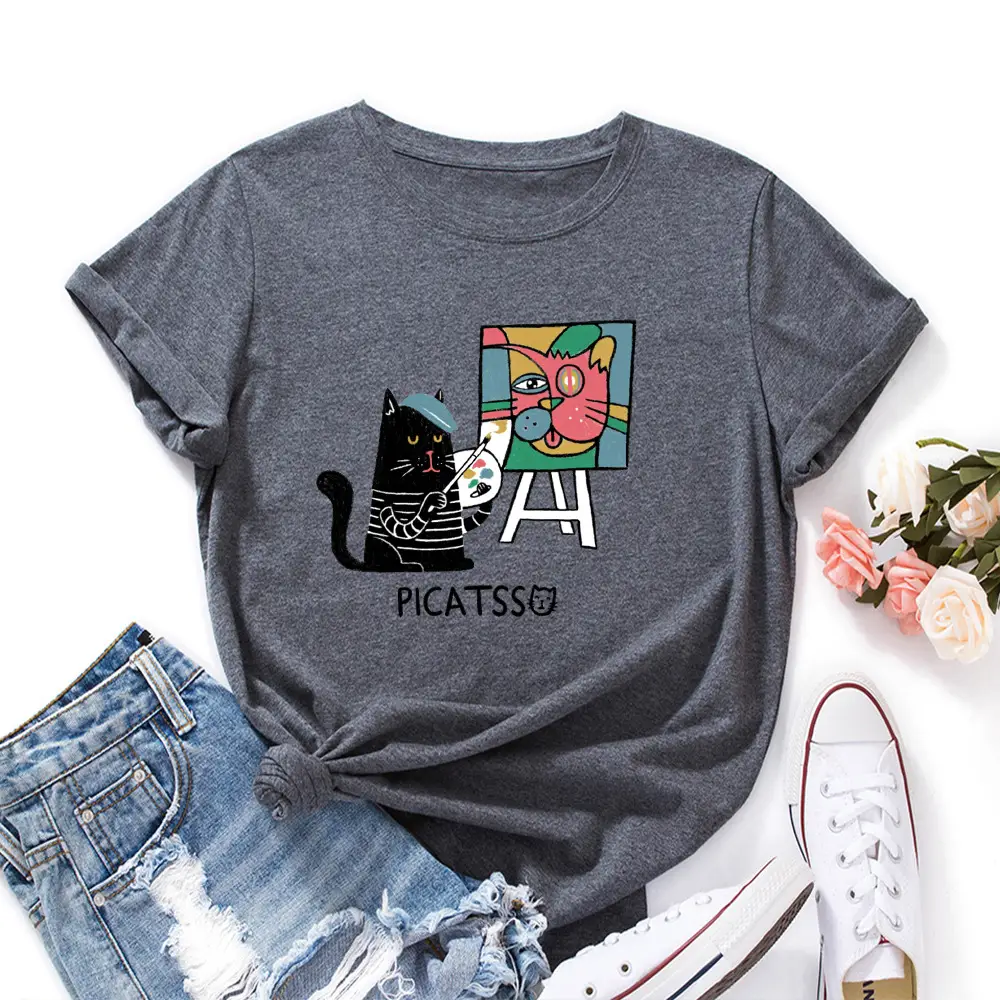 Women Loose T-Shirt Art Cat Print Gray - Image 7