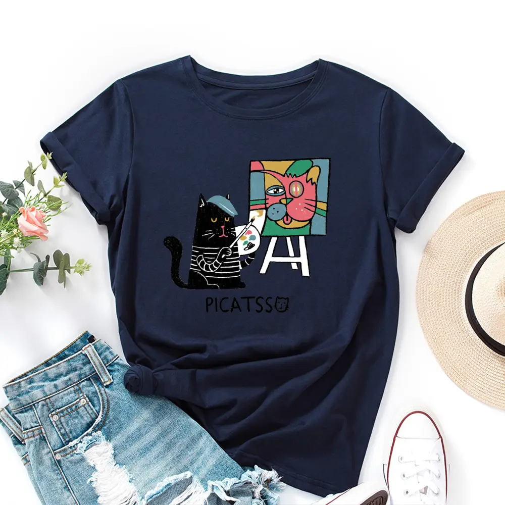 Women Loose T-Shirt Art Cat Print Gray - Image 9