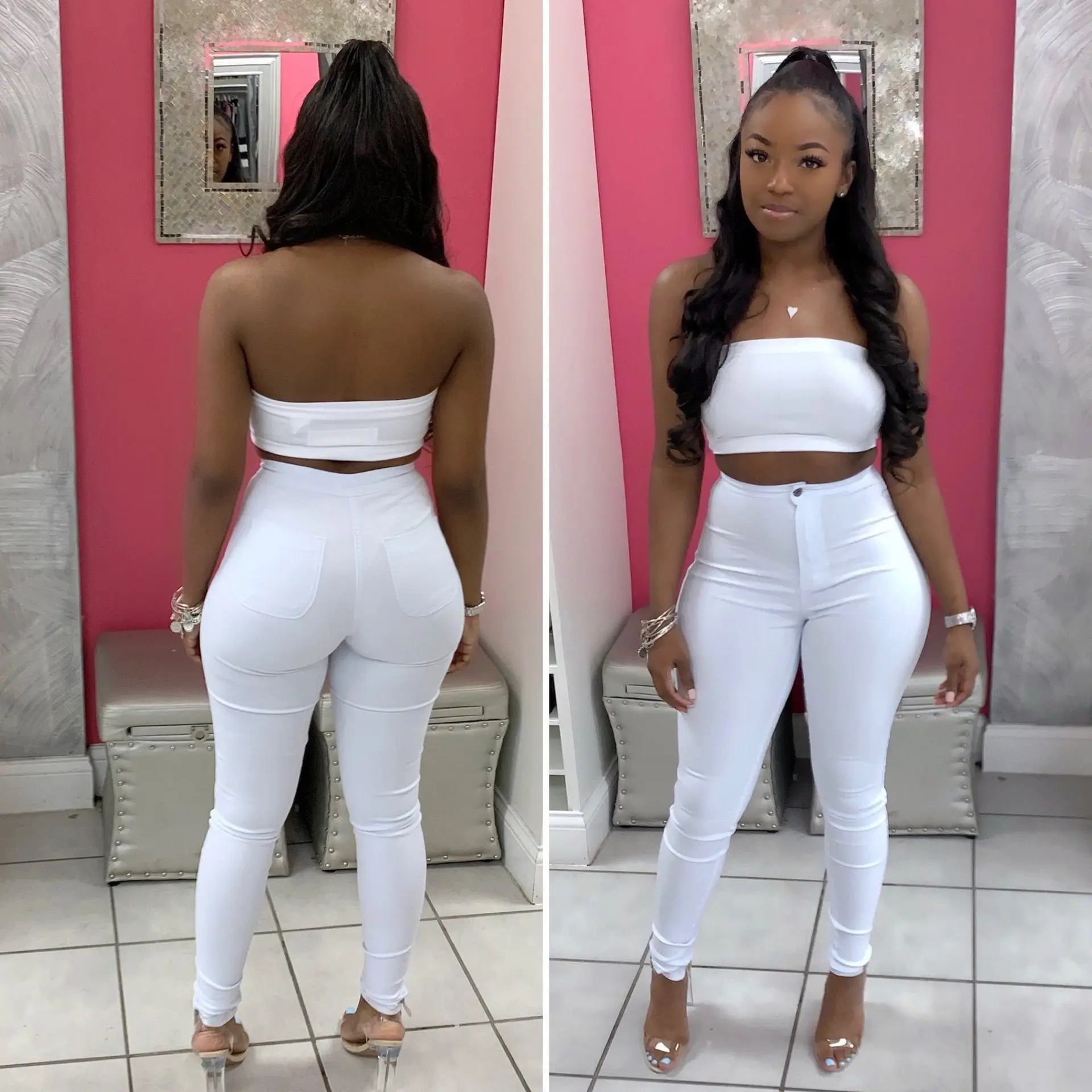 Women's 2023 White Top & Navy Jeans Set High Stretch - Image 8