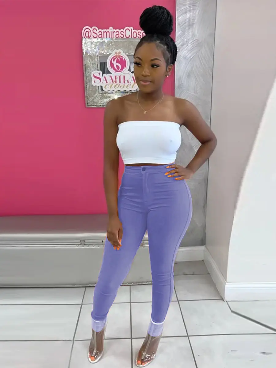 Women's 2023 White Top & Navy Jeans Set High Stretch - Image 3