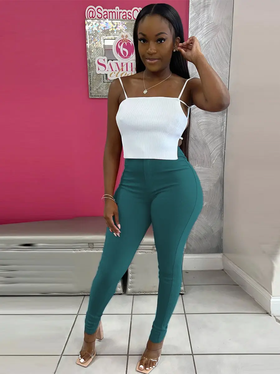 Women's 2023 White Top & Navy Jeans Set High Stretch - Image 4