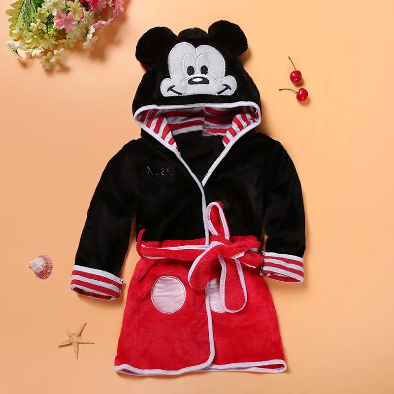 Winter Cartoon Hooded Belted Bathrobe for Kids Black Red