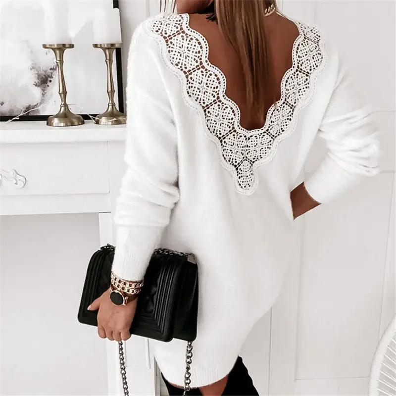 Black Lace Backless Dress for Women with Over-the-Shoulder Clutch