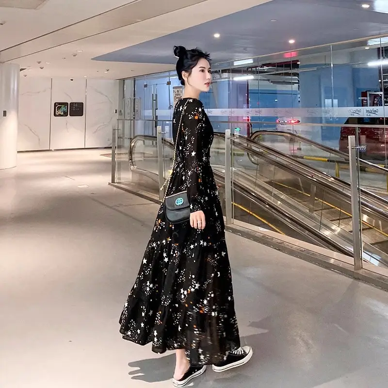 Black Chiffon Floral V-Neck Long Sleeve Dress Women - Image 4