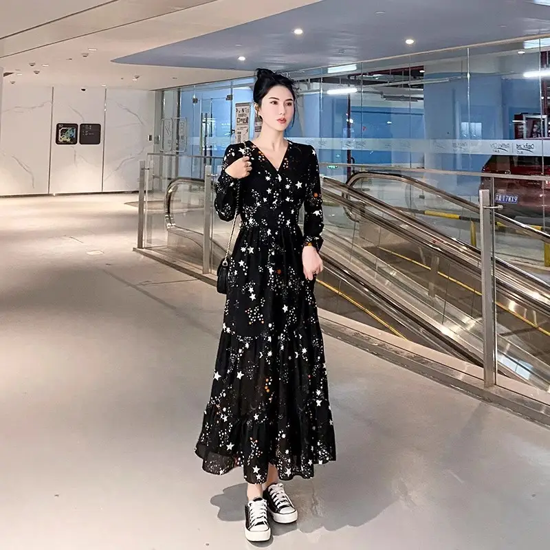 Black Chiffon Floral V-Neck Long Sleeve Dress Women - Image 5