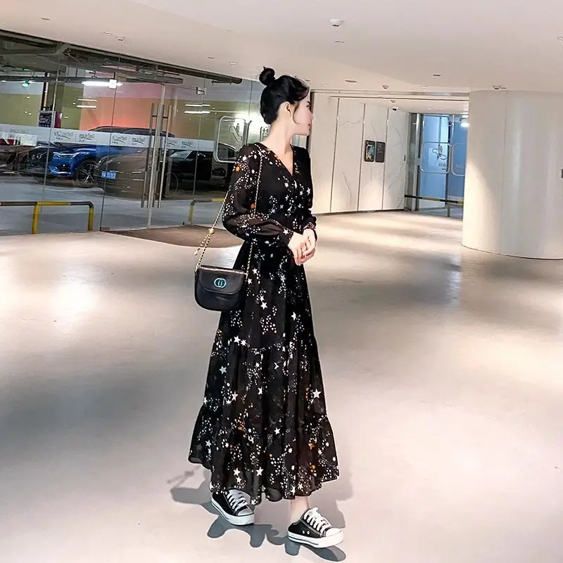Black Chiffon Floral V-Neck Long Sleeve Dress Women - Image 6