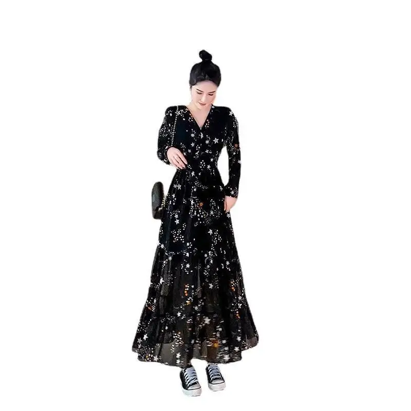 Black Chiffon Floral V-Neck Long Sleeve Dress Women - Image 7