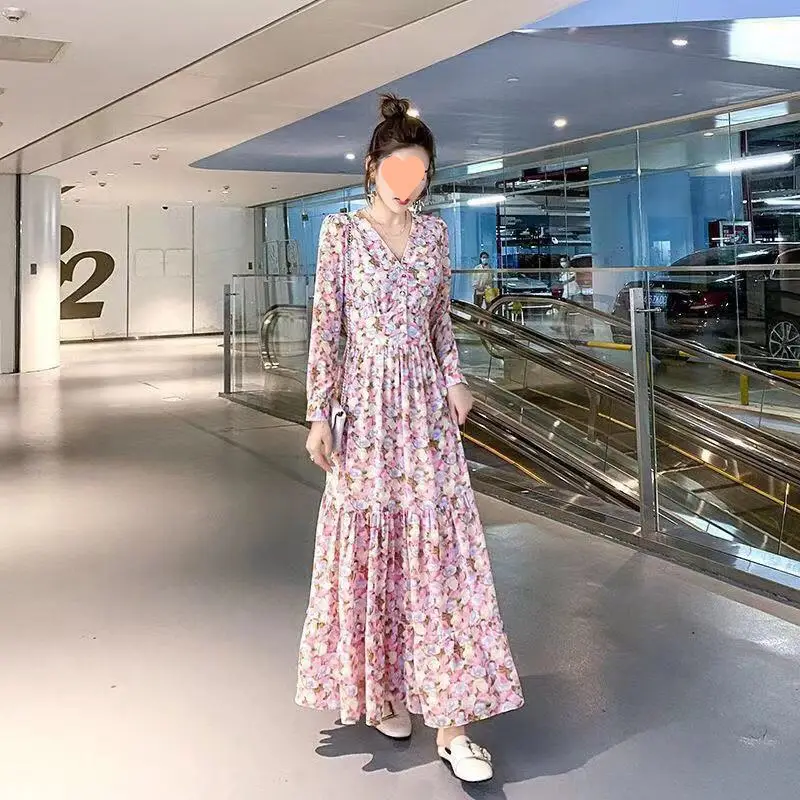 Black Chiffon Floral V-Neck Long Sleeve Dress Women - Image 2