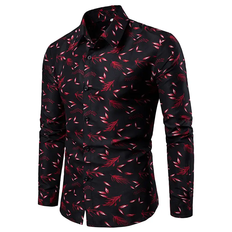 Men Slim Fit Floral Long Sleeve Shirt Black Plus Size