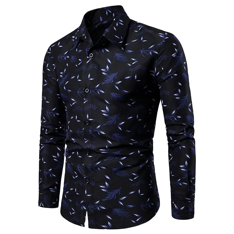 Men Slim Fit Floral Long Sleeve Shirt Black Plus Size