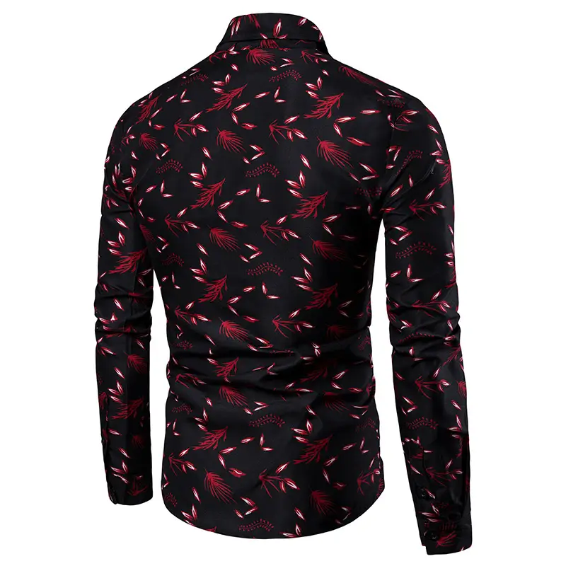 Men Slim Fit Floral Long Sleeve Shirt Black Plus Size
