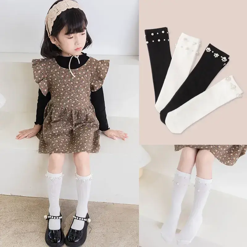 Girls Pearl Cuff Socks Black White Spring Autumn - Image 6
