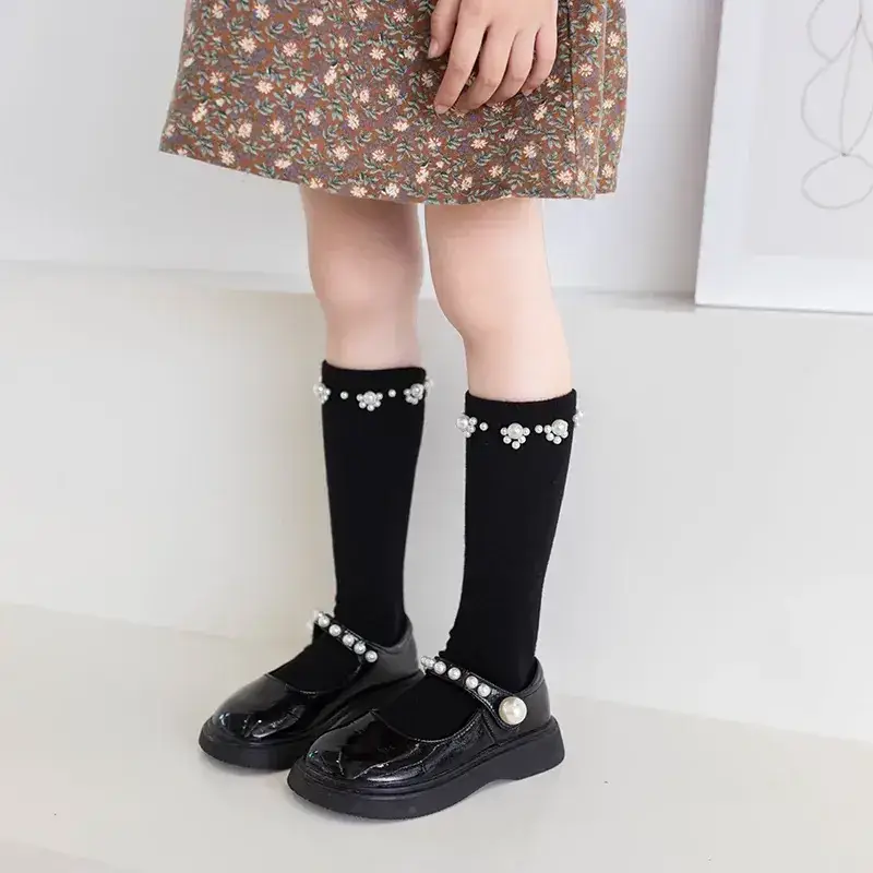Girls Pearl Cuff Socks Black White Spring Autumn - Image 7