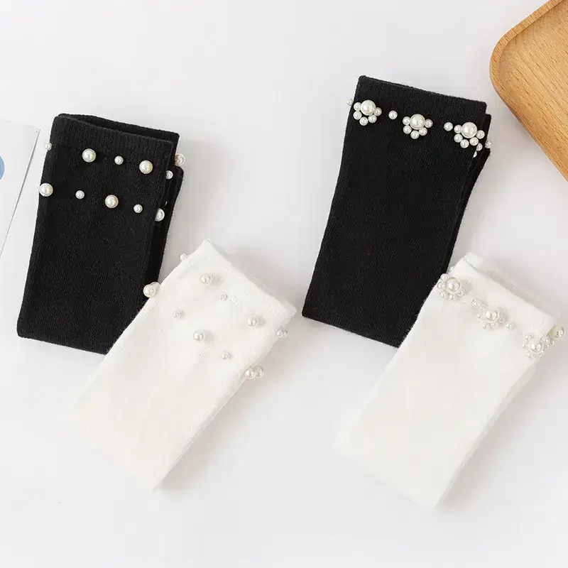 Girls Pearl Cuff Socks Black White Spring Autumn - Image 8