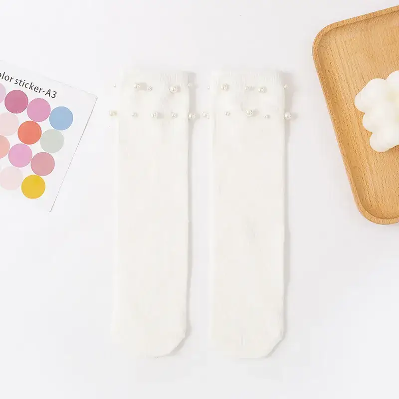 Girls Pearl Cuff Socks Black White Spring Autumn - Image 2
