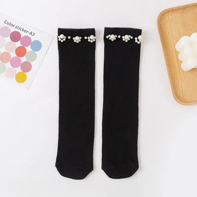 Girls Pearl Cuff Socks Black White Spring Autumn - Image 3