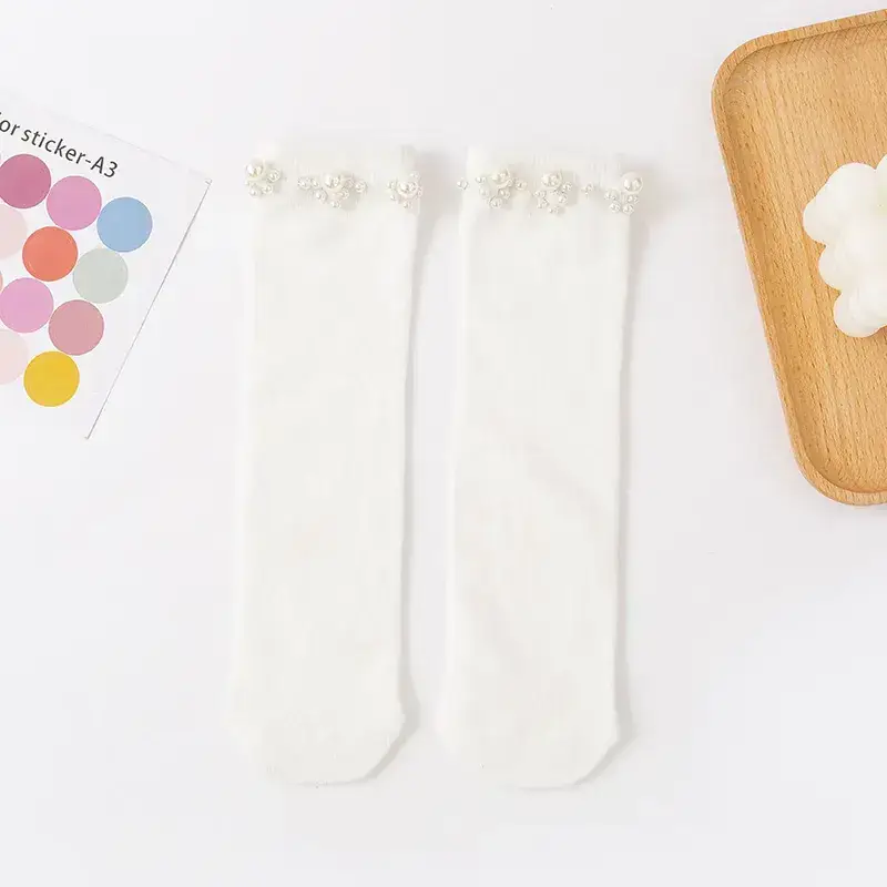 Girls Pearl Cuff Socks Black White Spring Autumn - Image 4