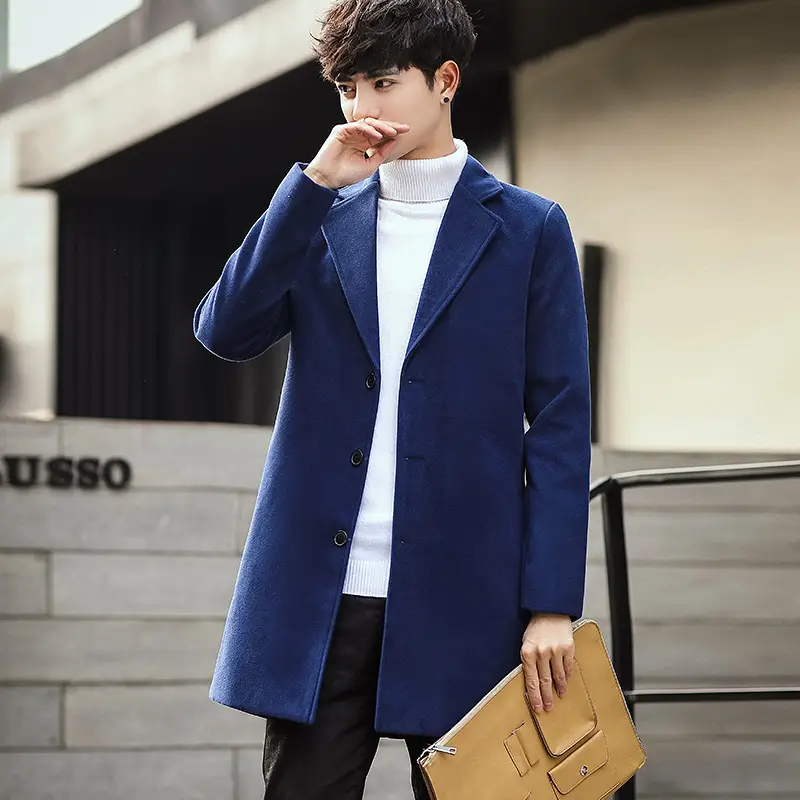 2021 Men's Woolen Coat Navy Blue Slim Fit Mid Length - Image 11