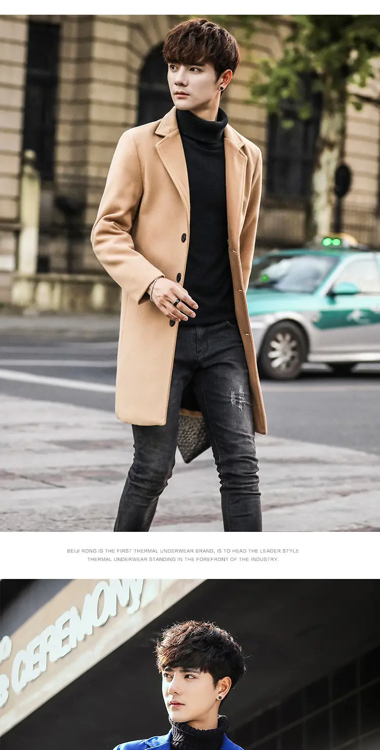 2021 Men's Woolen Coat Navy Blue Slim Fit Mid Length — feature 11