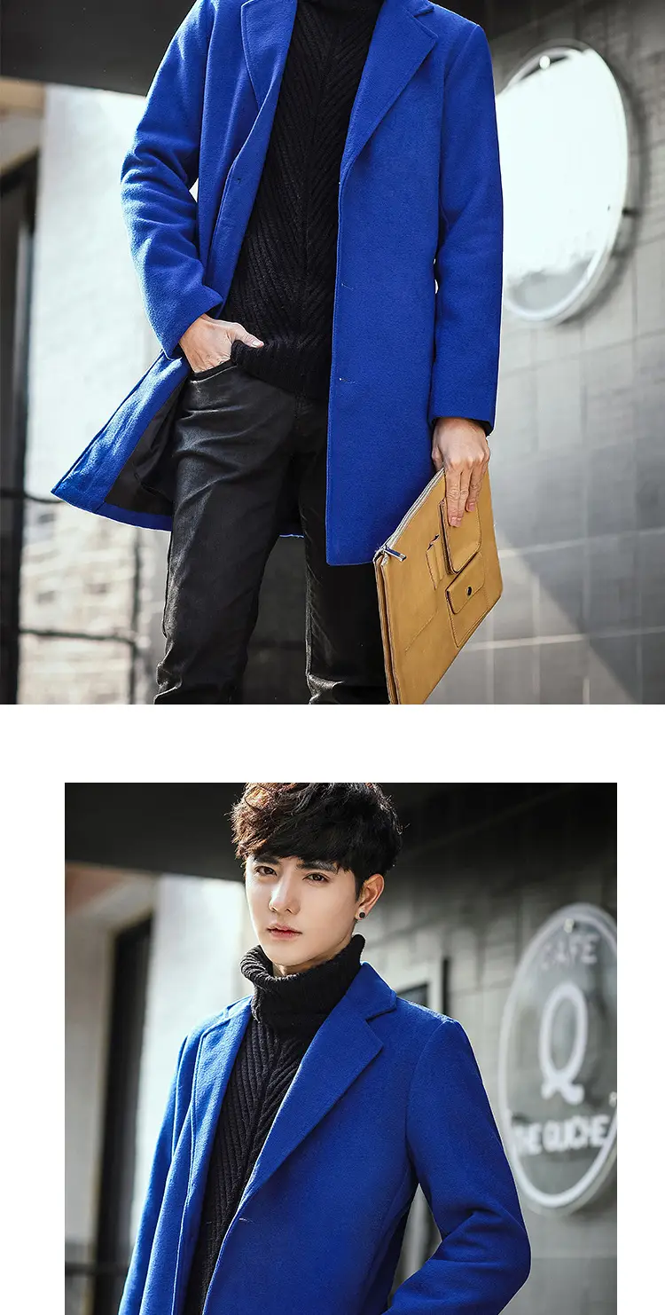 2021 Men's Woolen Coat Navy Blue Slim Fit Mid Length — feature 12