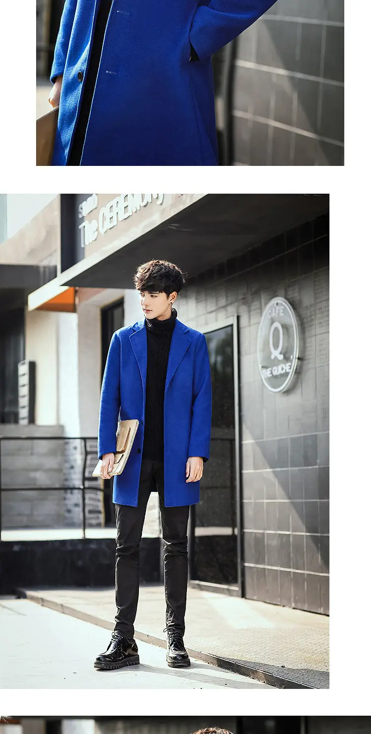 2021 Men's Woolen Coat Navy Blue Slim Fit Mid Length — feature 13