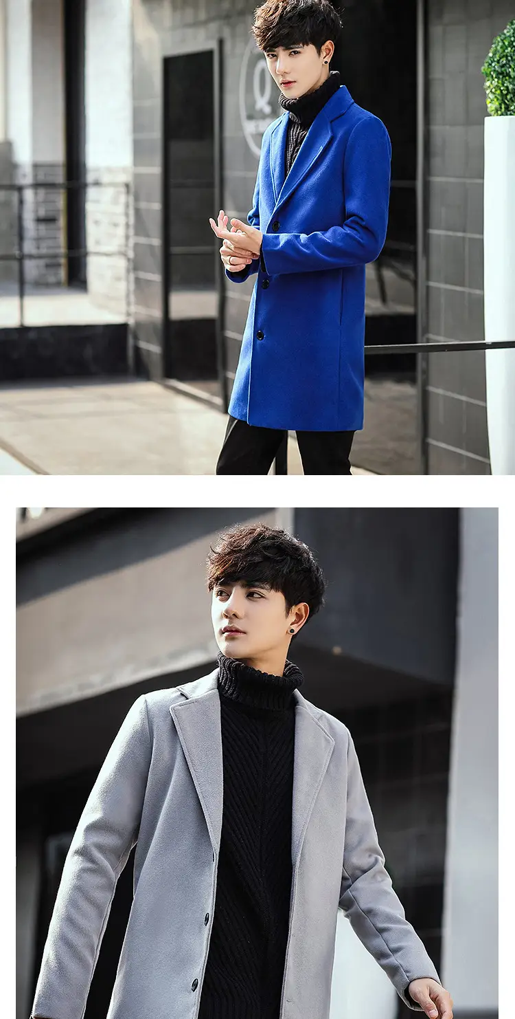 2021 Men's Woolen Coat Navy Blue Slim Fit Mid Length — feature 14