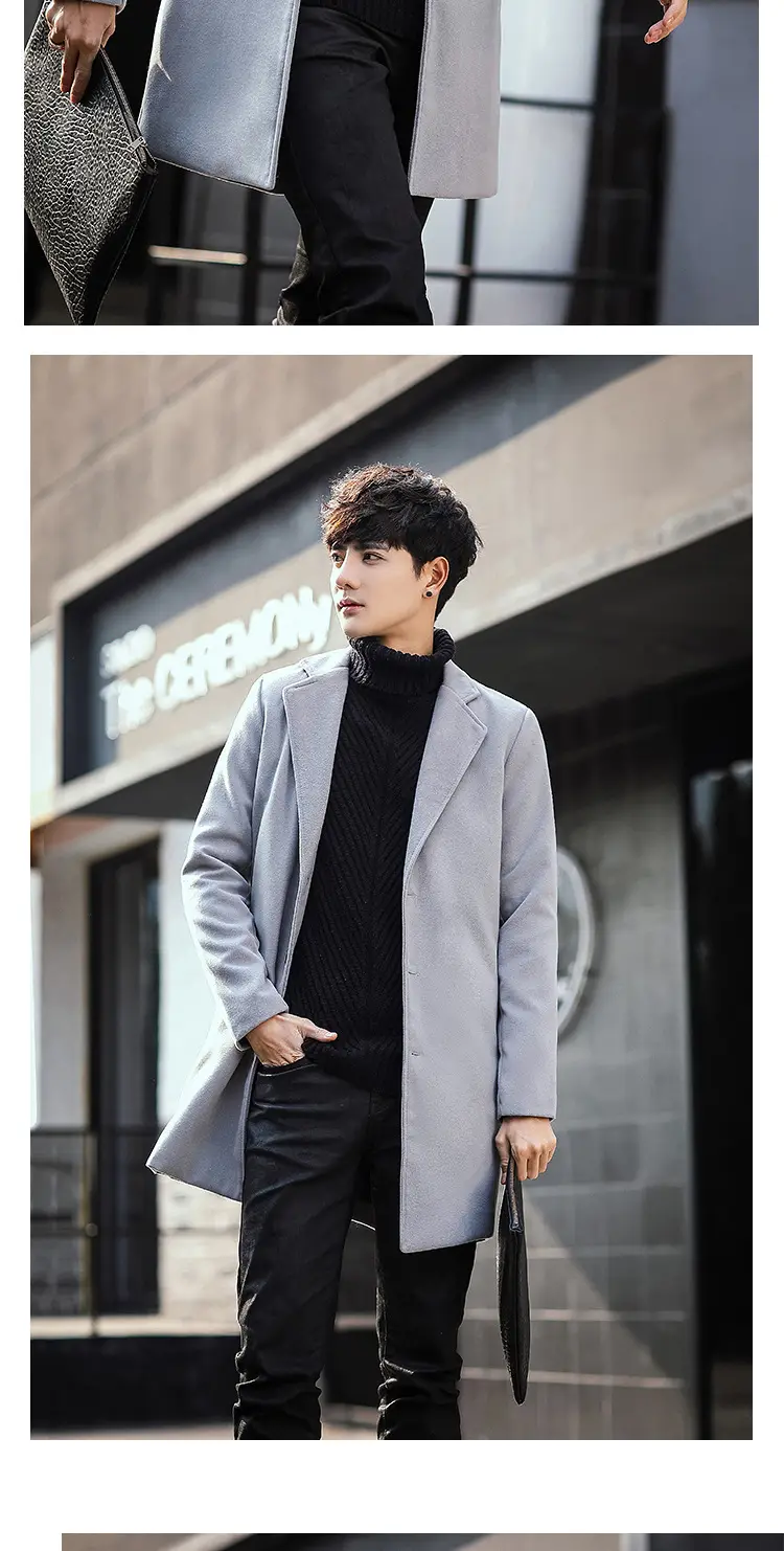 2021 Men's Woolen Coat Navy Blue Slim Fit Mid Length — feature 15