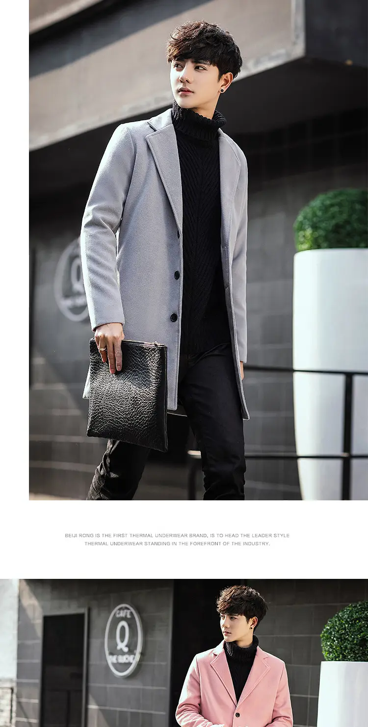 2021 Men's Woolen Coat Navy Blue Slim Fit Mid Length — feature 16