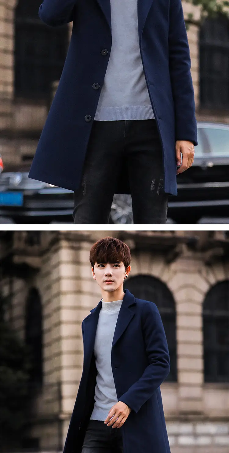 2021 Men's Woolen Coat Navy Blue Slim Fit Mid Length — feature 19