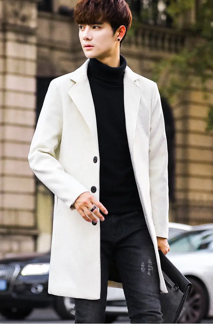 2021 Men's Woolen Coat Navy Blue Slim Fit Mid Length — feature 2