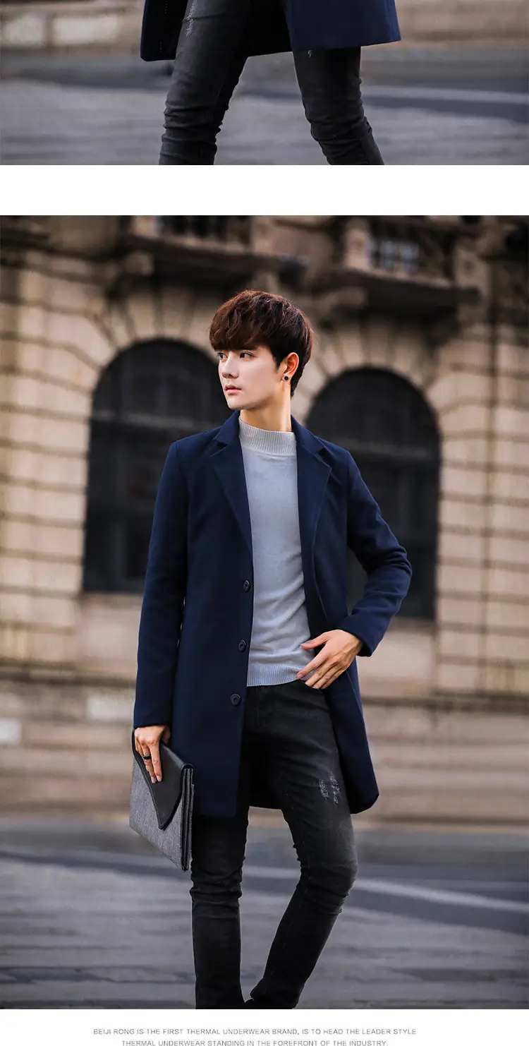 2021 Men's Woolen Coat Navy Blue Slim Fit Mid Length — feature 20