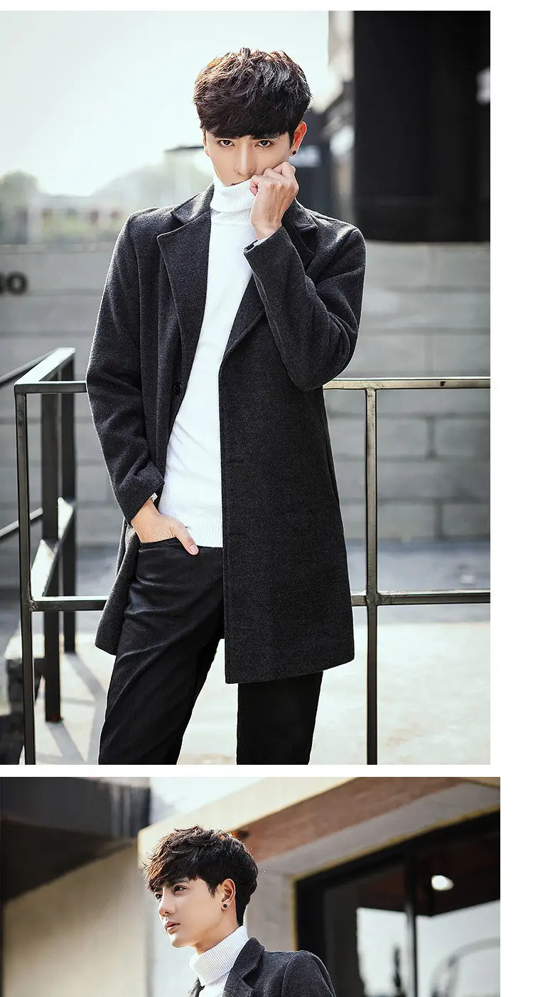 2021 Men's Woolen Coat Navy Blue Slim Fit Mid Length — feature 3