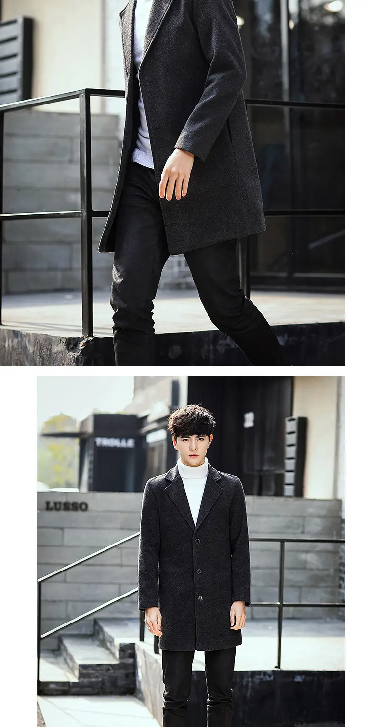 2021 Men's Woolen Coat Navy Blue Slim Fit Mid Length — feature 4