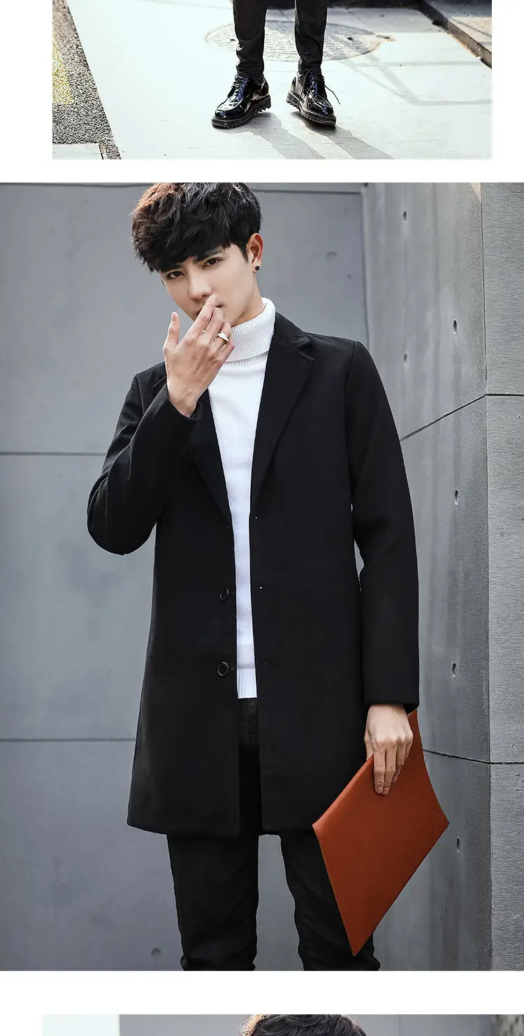 2021 Men's Woolen Coat Navy Blue Slim Fit Mid Length — feature 5