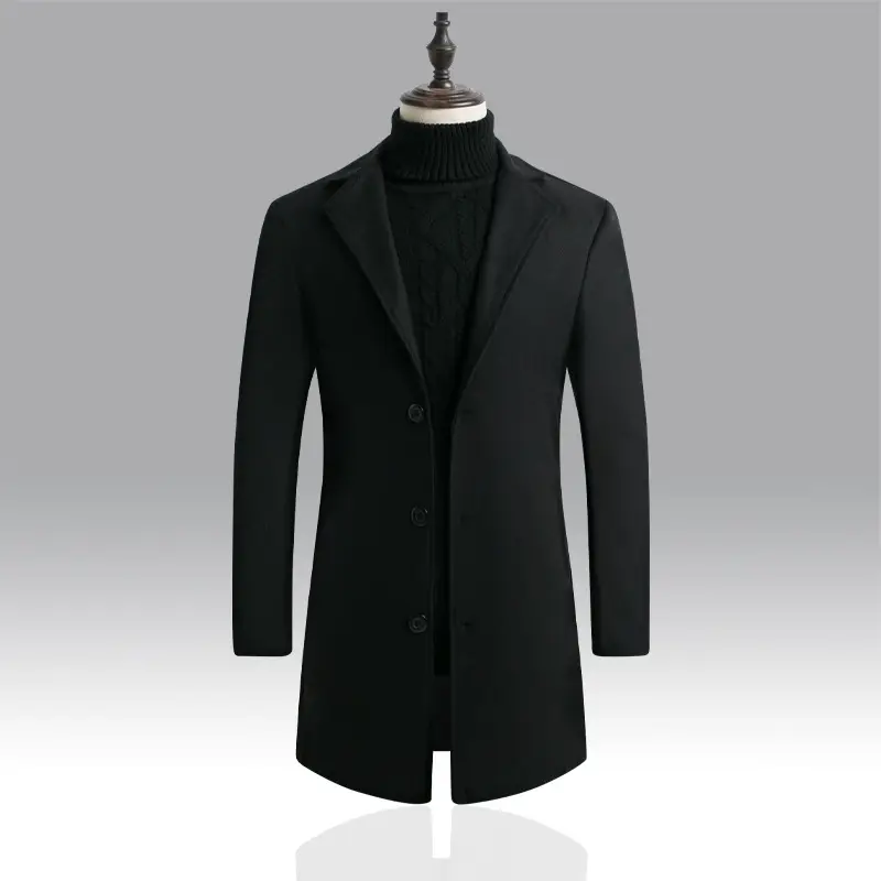 2021 Men's Woolen Coat Navy Blue Slim Fit Mid Length - Image 2