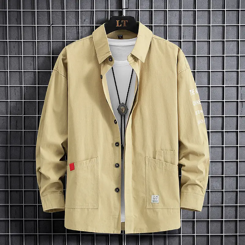 Men Cotton Long Sleeve Shirt Solid Beige 2023 - Image 4