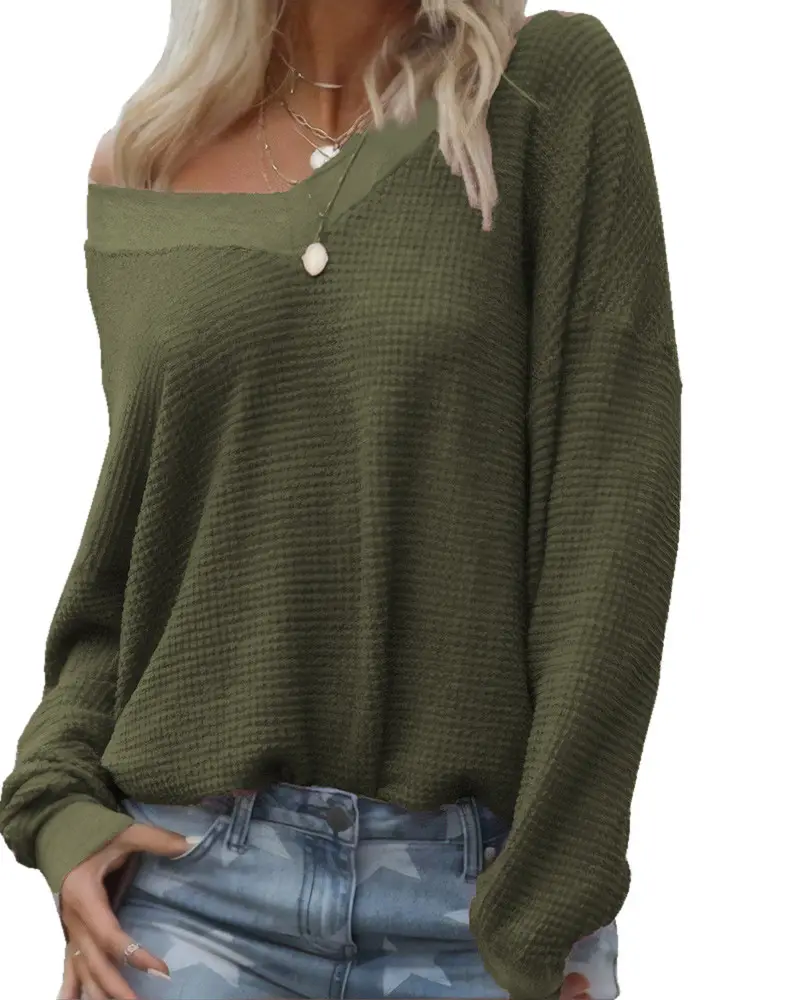 Women Maroon Knitted V-Neck Long Sleeve T-Shirt 2020 - Image 7