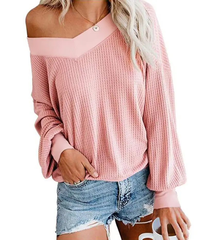 Women Maroon Knitted V-Neck Long Sleeve T-Shirt 2020 - Image 3