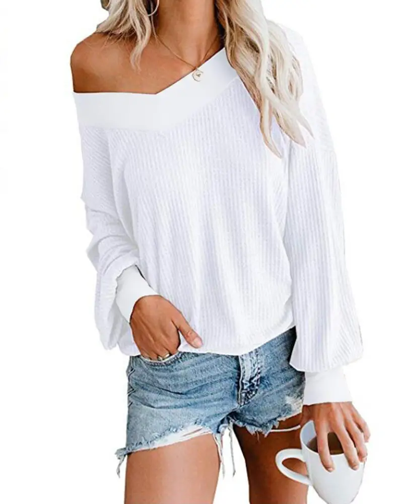 Women Maroon Knitted V-Neck Long Sleeve T-Shirt 2020 - Image 4