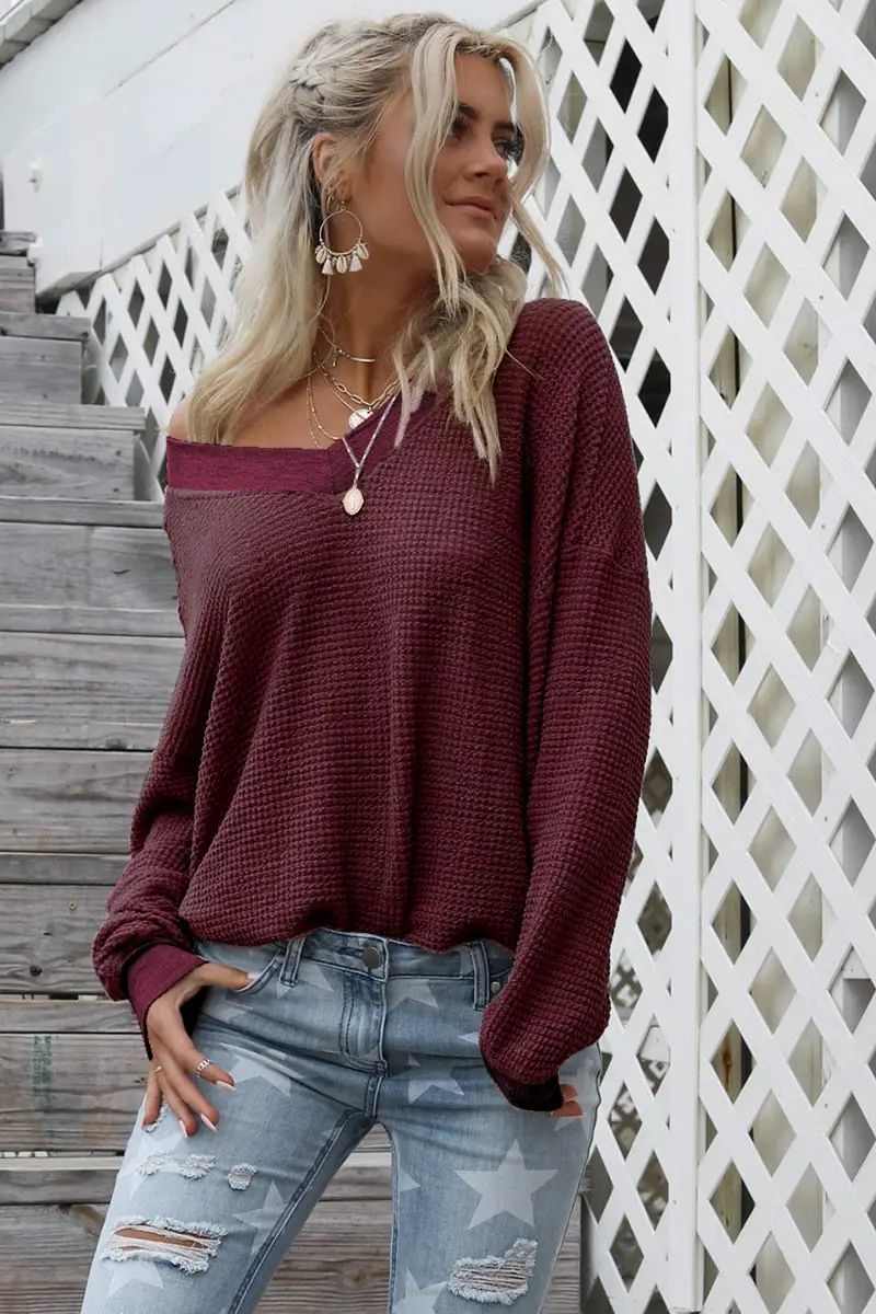 Women Maroon Knitted V-Neck Long Sleeve T-Shirt 2020 - Image 6