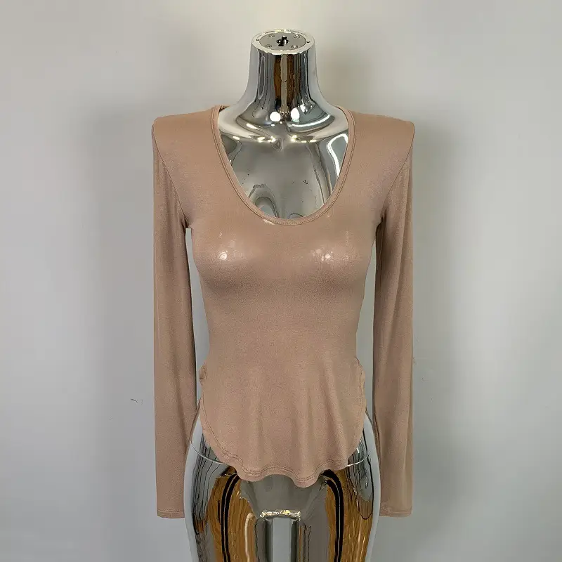 Women's Grey Sparkle Long Sleeve Top with Curved Hem - Image 4