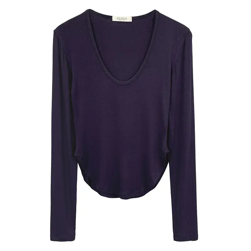 Women's Curved Chest Long Sleeve Brown T-Shirt - Image 23